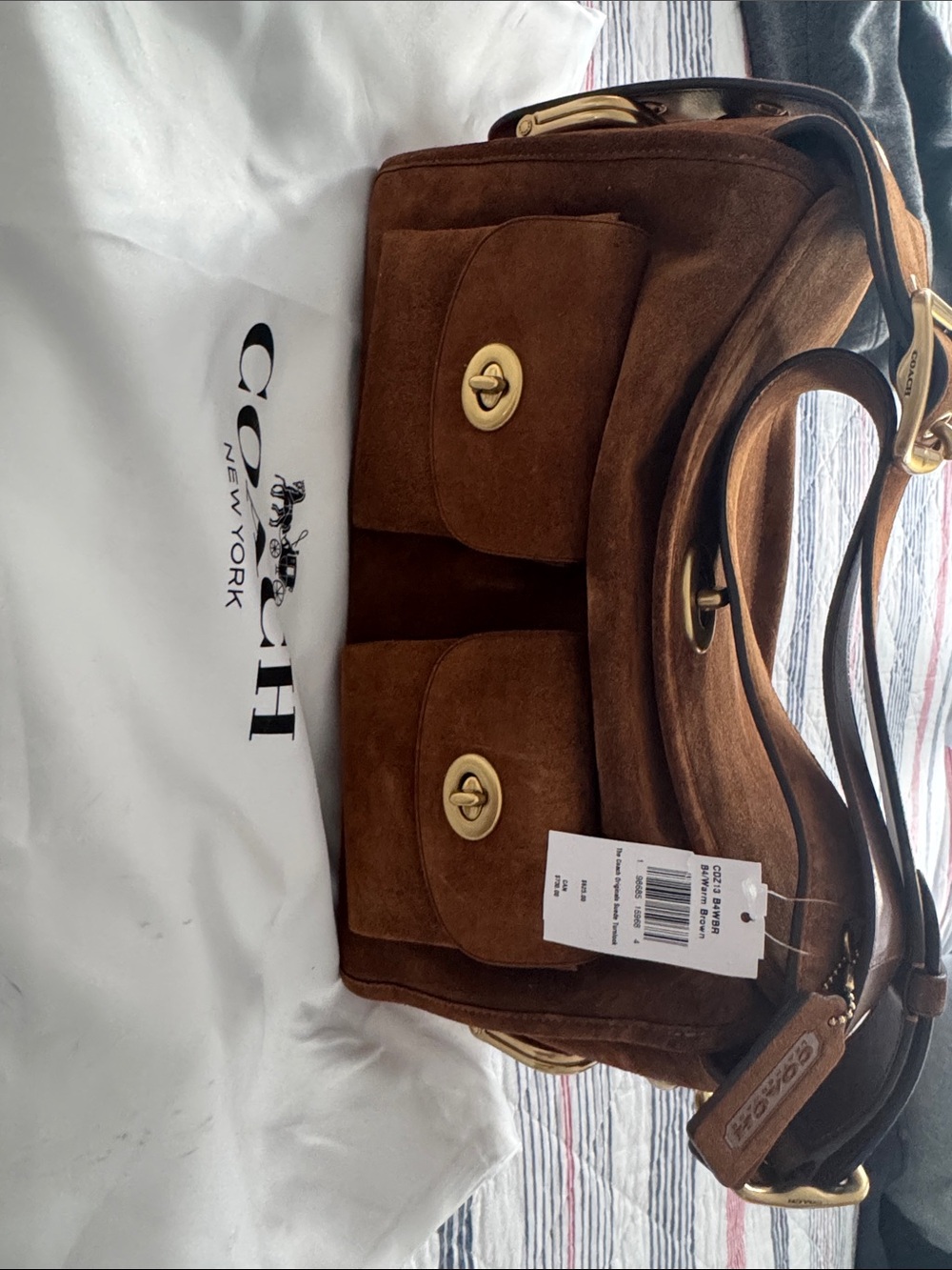 Coach Brown Suede Shoulder Bag with Gold Turnlock Hardware